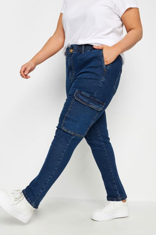 YOURS Curve Plus Size Dark Blue Cargo Mom Jeans | Yours Clothing  1