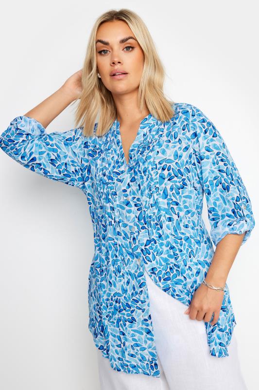 YOURS Plus Size Blue Petal Print Pintuck Shirt | Yours Clothing 1