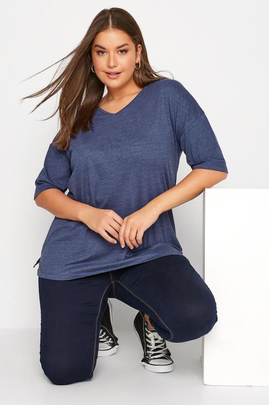 Plus Size  Curve Denim Blue Marl V-Neck Essential T-Shirt