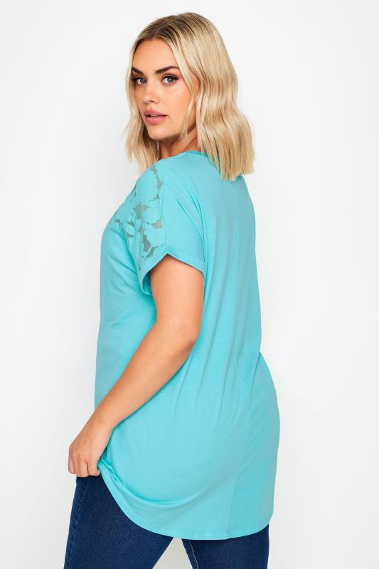 YOURS Plus Size Blue Floral Mesh Panel T-Shirt | Yours Clothing 3