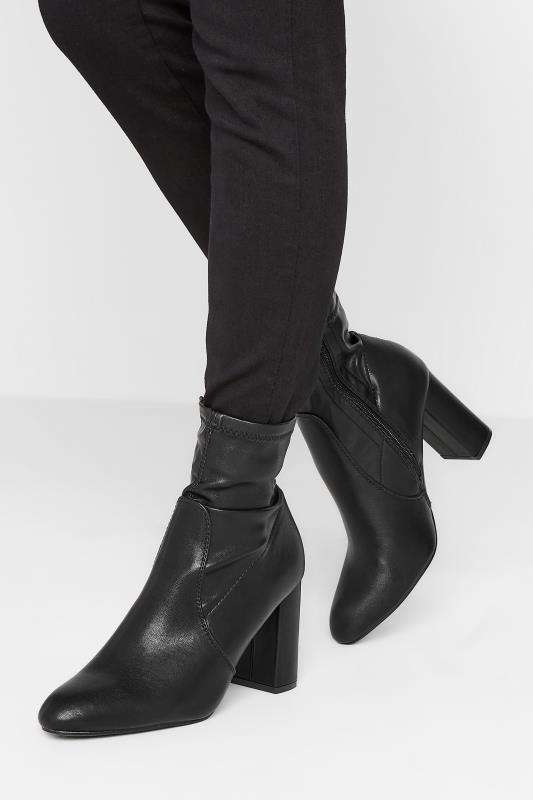 PixieGirl Petite Black Heeled Sock Boots In Standard D Fit | PixieGirl 1