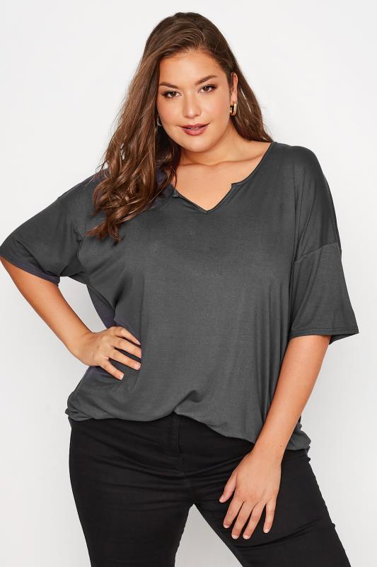 LIMITED COLLECTION Curve Charcoal Grey Notch Neck Oversized T-Shirt 1