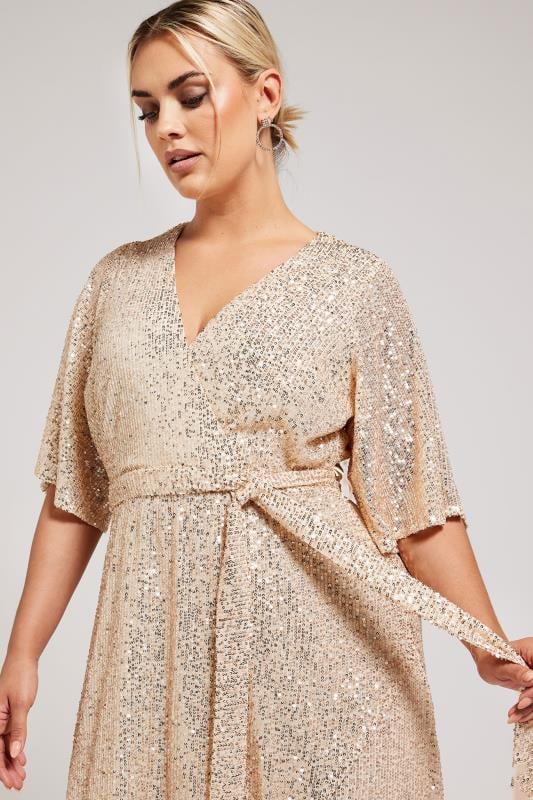 YOURS LONDON Plus Size Champagne Gold Sequin Wrap Dress Yours Clothing