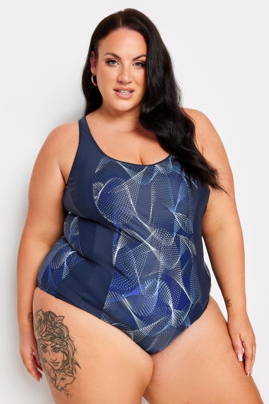 YOURS Plus Size Blue Wavelength Active Swimsuit | Yours Clothing 1