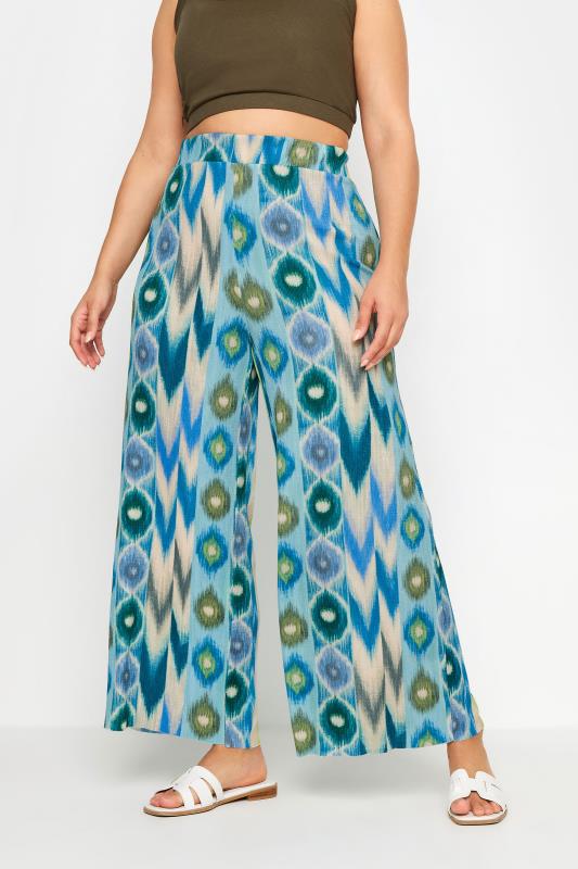 Plus Size  YOURS Curve Blue Abstract Print Textured Wide Leg Trousers