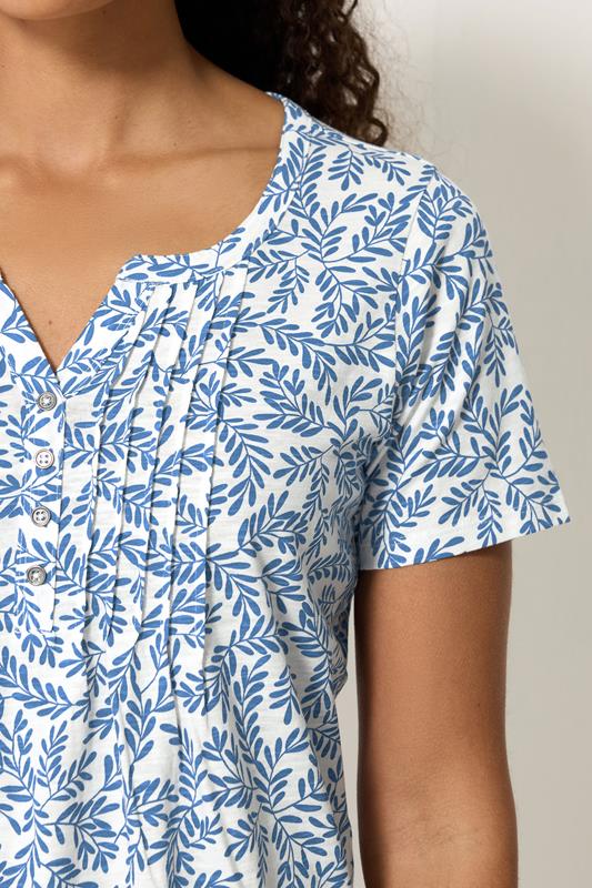 M&Co Blue & White Leaf Print Cotton Henley Top | M&Co 4