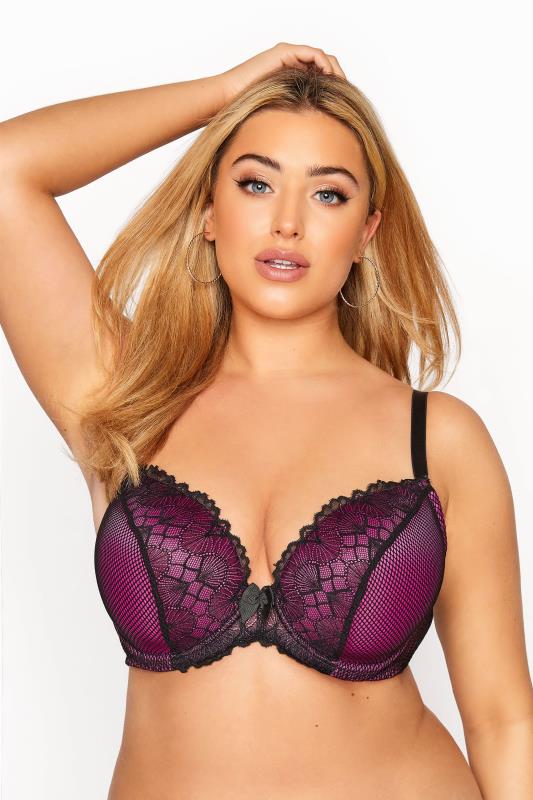 Plus Size Purple Lace Trim Padded Underwired Plunge Bra | Yours Clothing 1