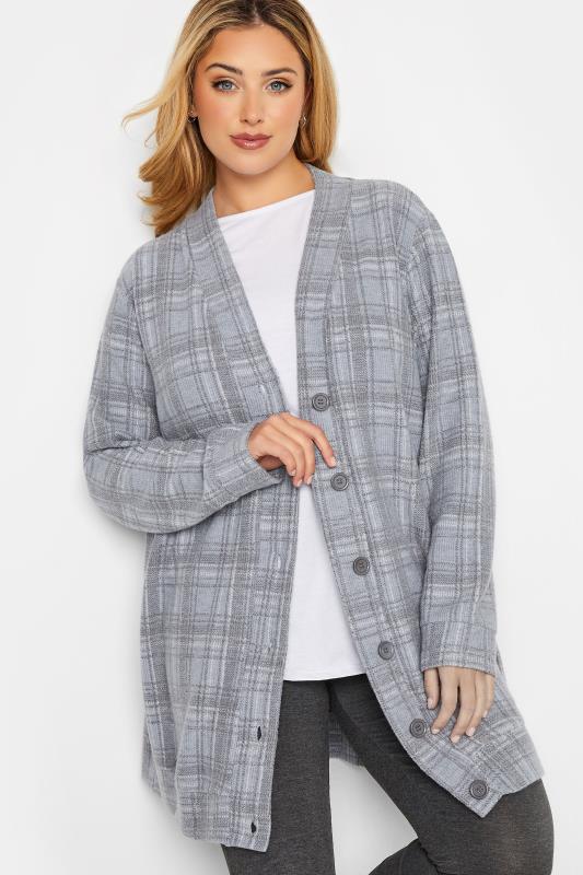 Curve Plus Size Blue & Grey Check Button Soft Touch Cardigan | Yours Clothing  1