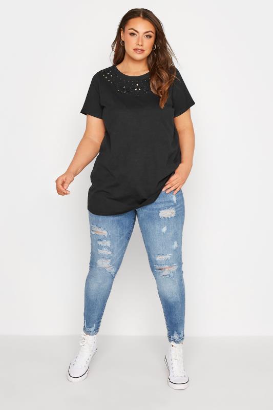 Plus Size Black Broderie Anglaise Neckline T-Shirt | Yours Clothing 2