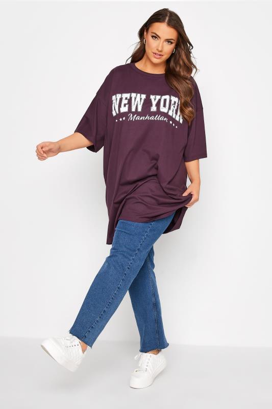 Plus Size Purple 'New York' Slogan Oversized Tunic T-Shirt Dress | Yours Clothing 2