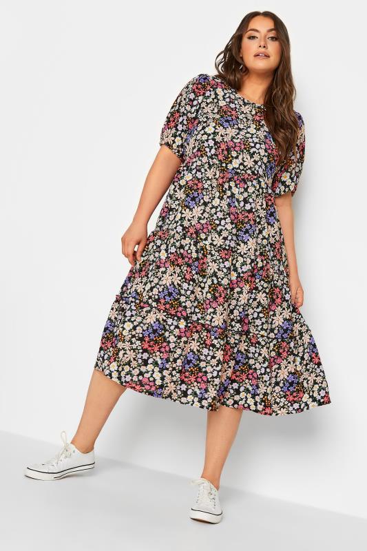 YOURS Curve Plus Size Black Floral Short Sleeve Midi Dress | Yours Clothing  1