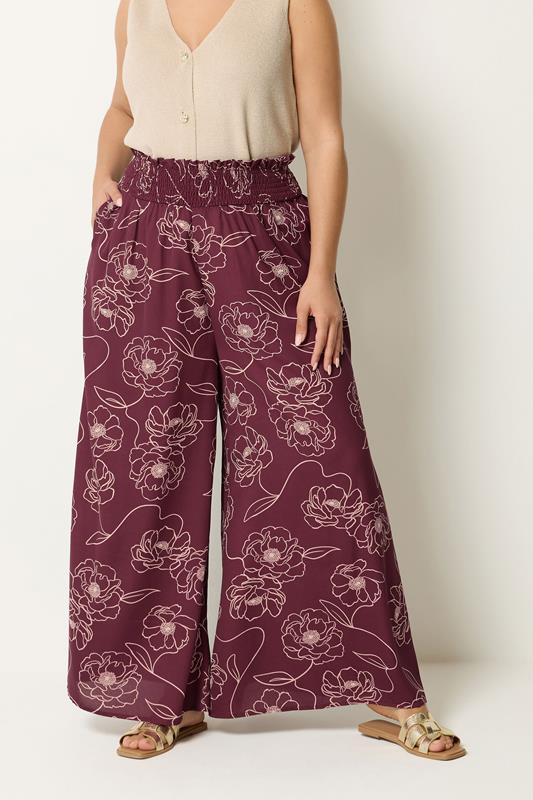 YOURS Plus Size Burgundy Red Floral Wide Leg Trousers | Yours Clothing 1