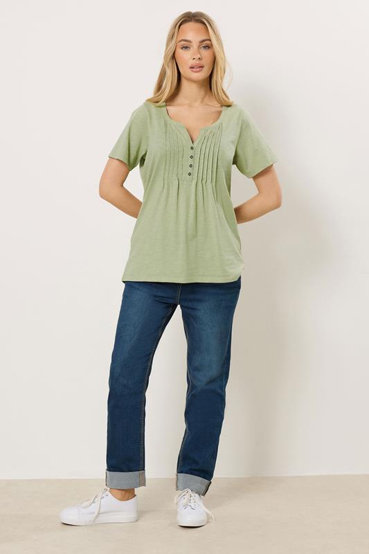 M&Co Sage Green Short Sleeve Cotton Henley Top | M&Co 1