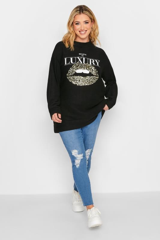 YOURS Curve Plus Size Black Glitter Lips Print 'Believe In Luxury' Slogan Soft Touch Top 2
