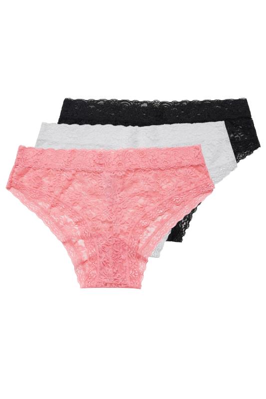 3 PACK Black & Pink Lace Low Rise Brazillian Knickers | Yours Clothing  2