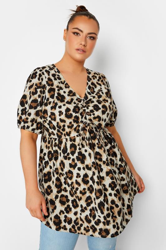 LIMITED COLLECTION Plus Size Brown Animal Print Ruched Front Peplum Top | Yours Clothing 1