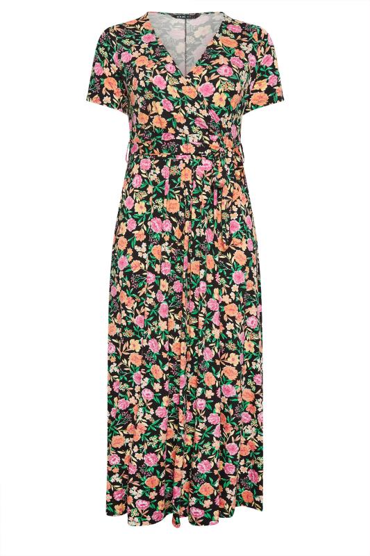 YOURS Plus Size Pink & Orange Floral Print Wrap Maxi Dress | Yours Clothing 5