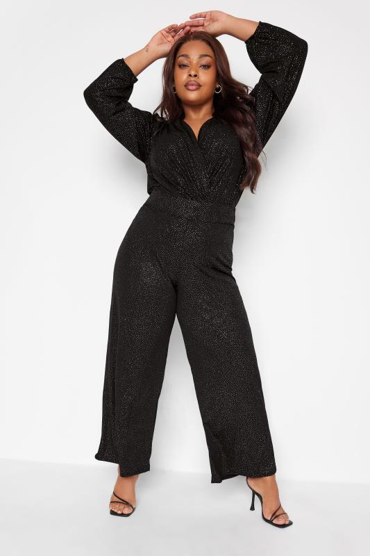 YOURS LONDON Plus Size Black Glitter Party Wide Leg Trousers | Yours Clothing 3