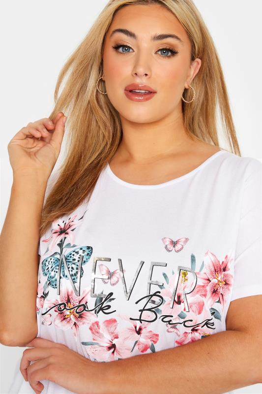 Curve White 'Never Look Back' Floral Slogan T-Shirt_D.jpg