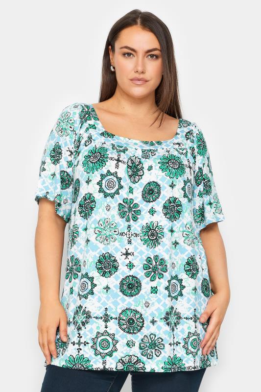 Paisley Tile Square Neck Green Top 1