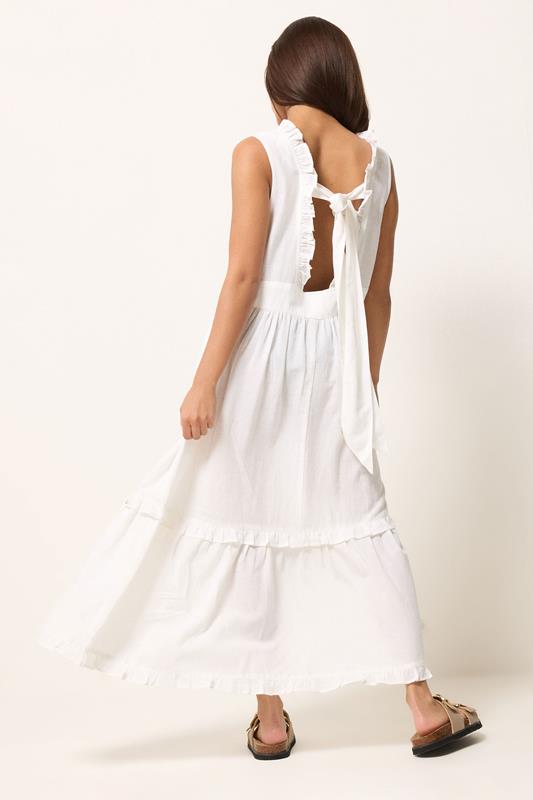 PixieGirl Petite Women's White Ruffle Tie Back Midi Dress | PixieGirl 2