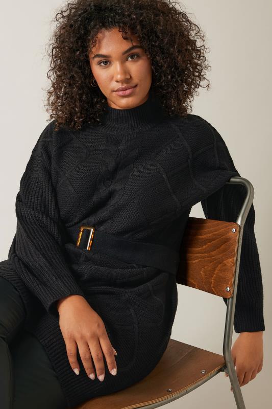 Evans Black High Neck Cable Knit Longline Jumper | Evans 4