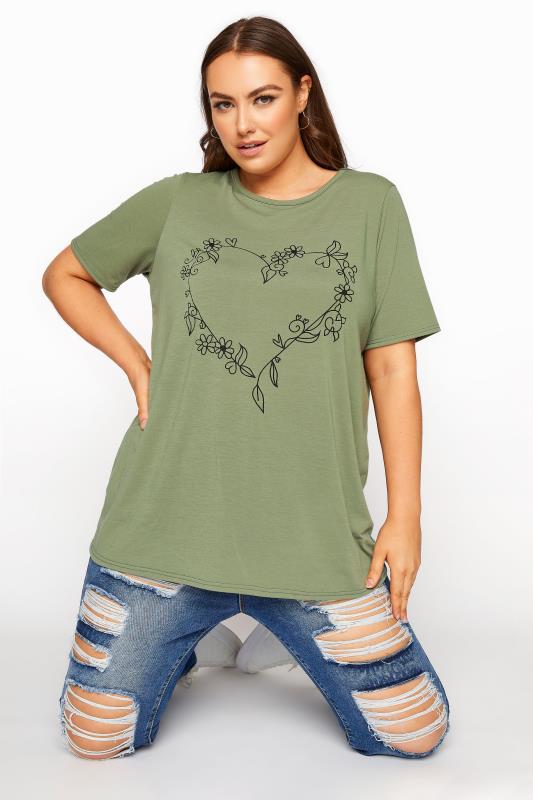  Khaki Heart Print T-Shirt