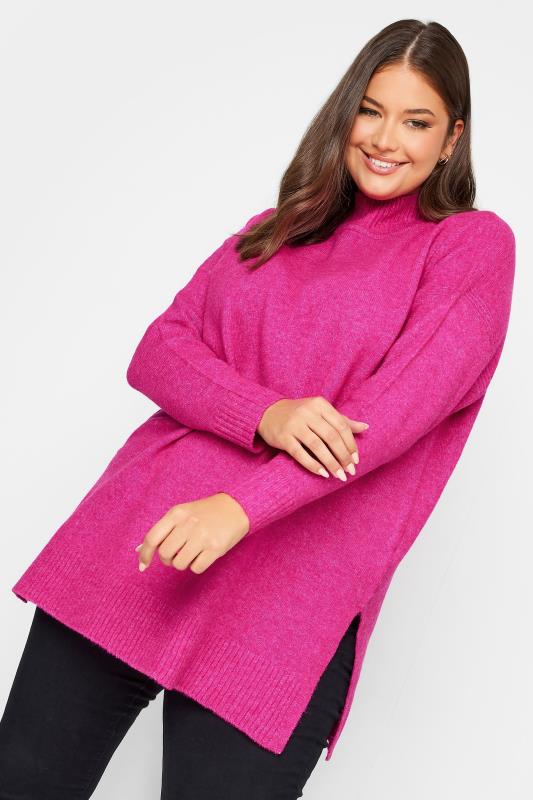 YOURS Plus Size Pink High Neck Knitted Jumper | Yours Clothing 1
