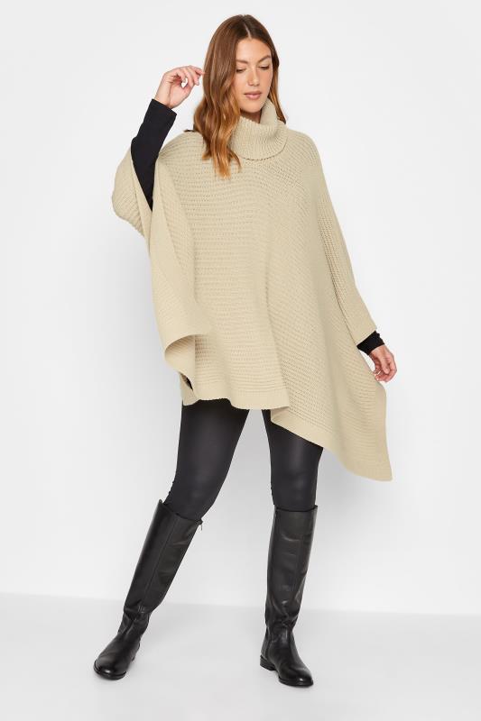 LTS Tall Women's Beige Brown Roll Neck Knitted Poncho | Long Tall Sally  2