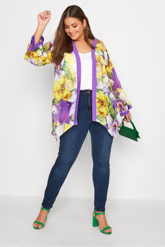 YOURS Plus Size Purple Flower Print Sheer Kimono | Yours Clothing 2