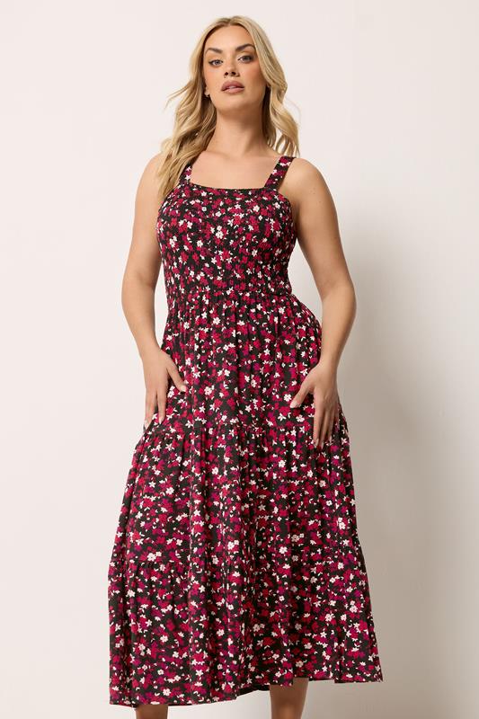 YOURS Plus Size Black Floral Shirred Dress | Yours Clothing 1