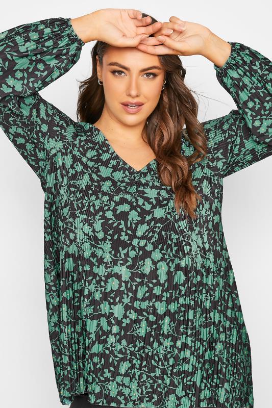 Plus Size Green Floral Print Plisse Pleated Top | Yours Clothing 4