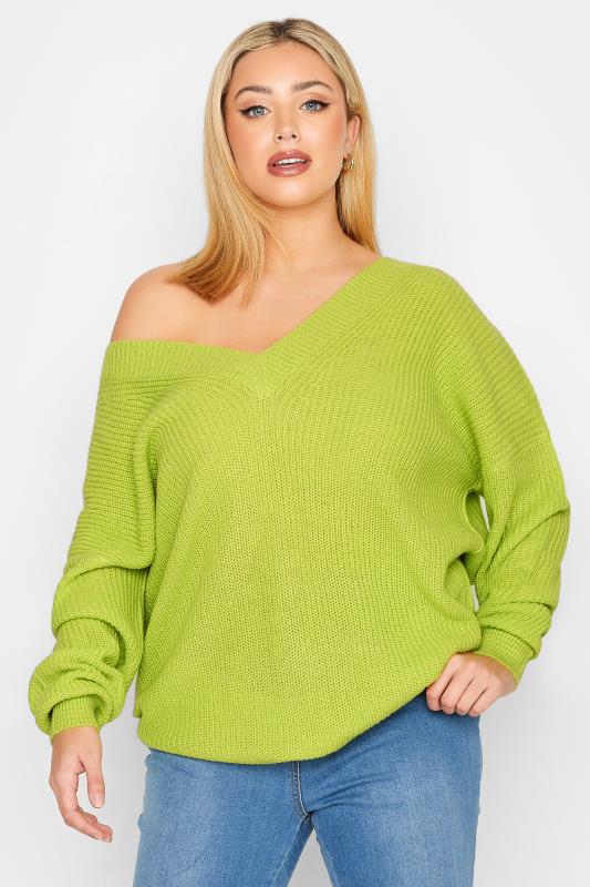 YOURS Plus Size Lime Green Double V-Neck Jumper | Yours Clothing 1