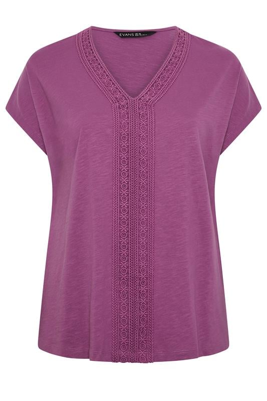 EVANS Plus Size Magenta Pink Cotton Crochet Trim Tee | Evans 5