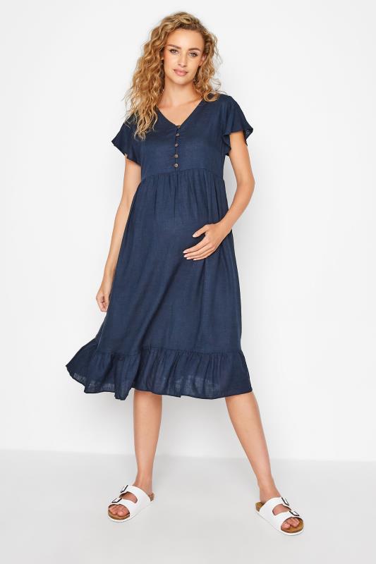 LTS Maternity Navy Blue Linen-blend Dress | Long Tall Sally 1