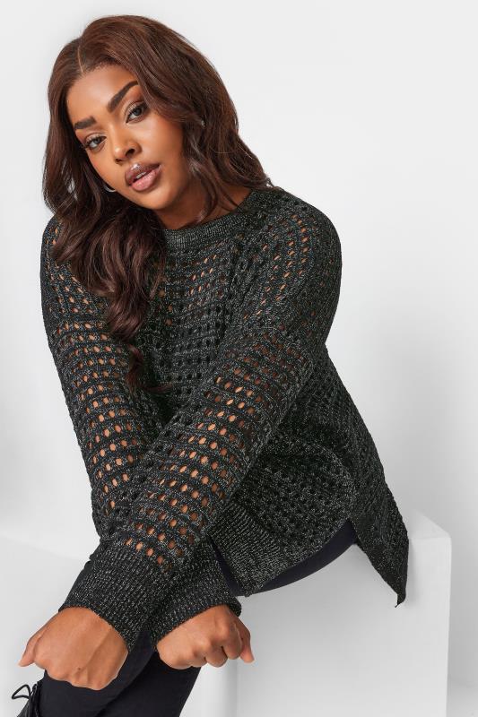 YOURS Plus Size Black & Silver Side Split Crochet Jumper | Yours Clothing 1