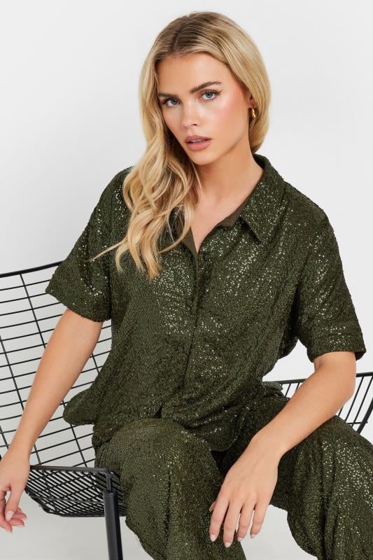 PixieGirl Petite Women's Khaki Green Sequin Embellished Short Sleeve Shirt | PixieGirl 5