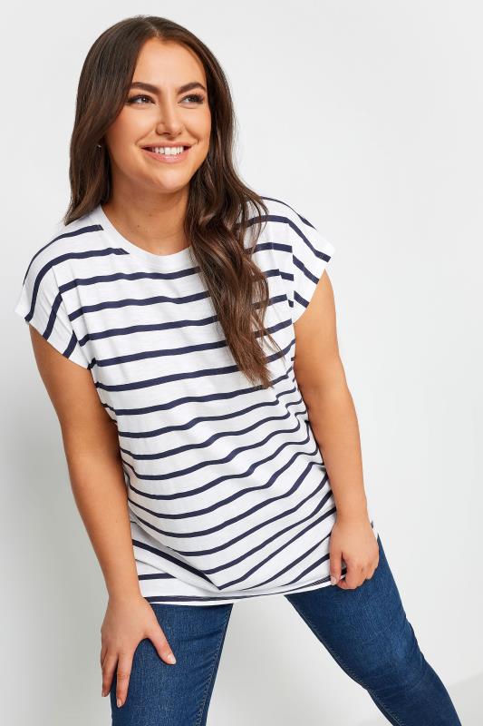 Plus Size  YOURS Curve White & Navy Blue Stripe Top