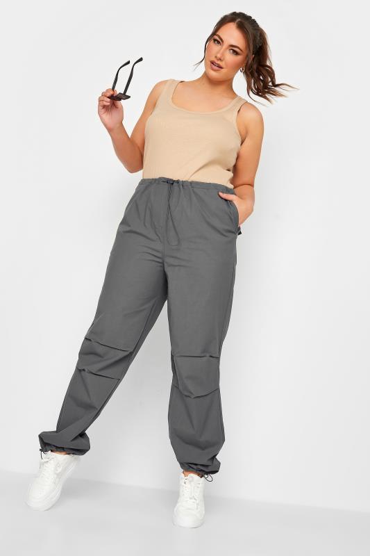 YOURS Curve Plus Size Charcoal Grey Cuffed Parachute Trousers | Yours Clothing  2