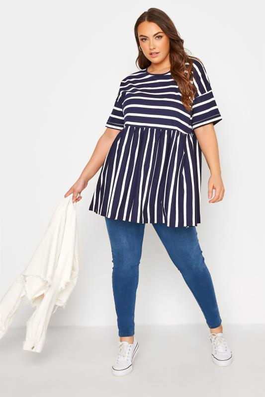 Plus Size Navy Blue Stripe Peplum Drop Shoulder Top | Yours Clothing 2