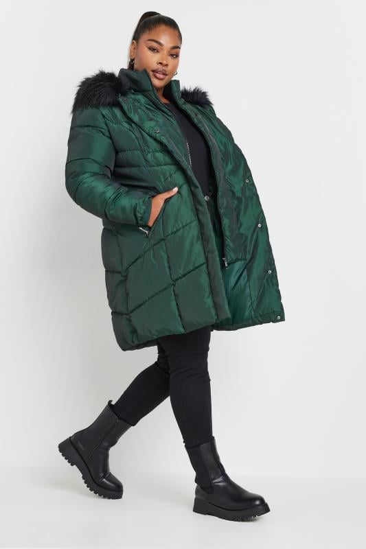 YOURS Plus Size Forest Green Faux Fur Trim Puffer Coat Yours Clothing