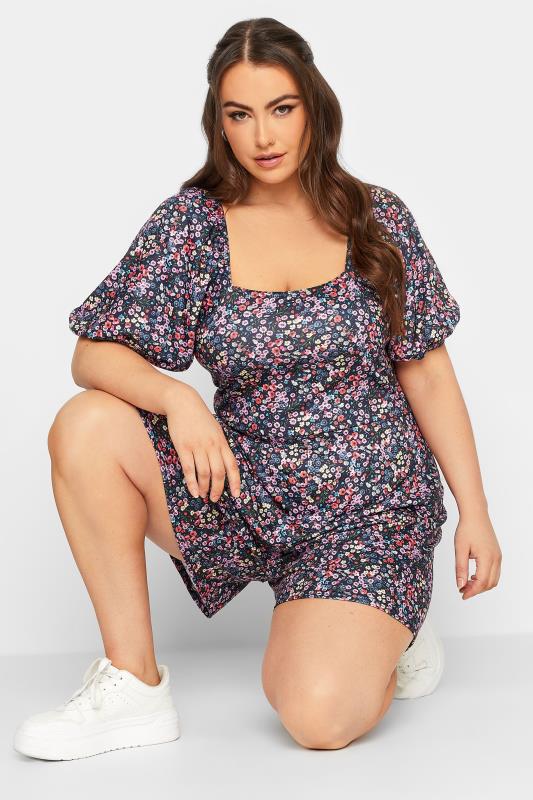 LIMITED COLLECTION Plus Size Navy Blue Floral Bow Back Playsuit | Yours Clothing 1