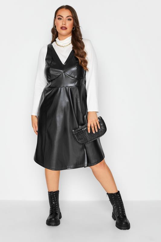 LIMITED COLLECTION Curve Black Leather Look Pinafore Dress 3