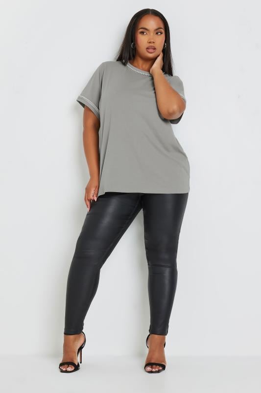 YOURS Plus Size Grey Pearl Trim T-Shirt | Yours Clothing 2