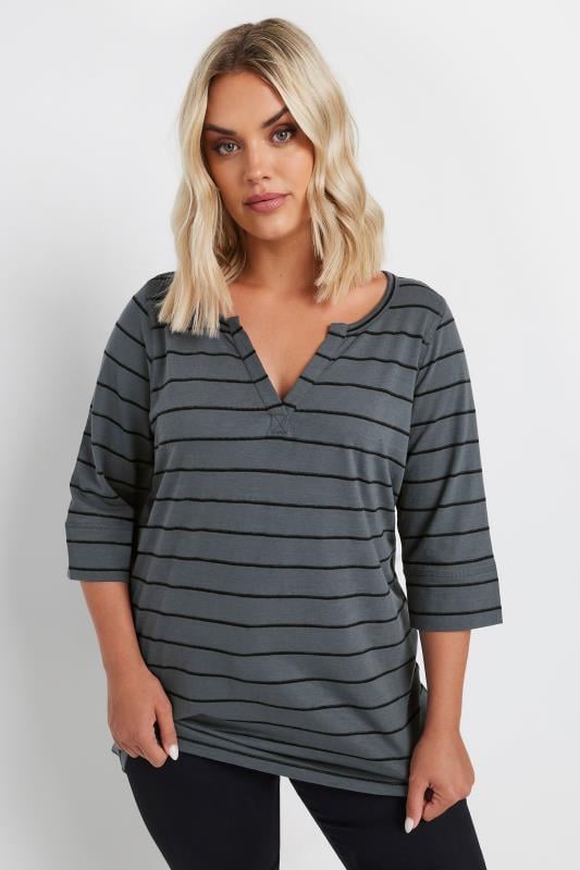 YOURS Plus Size Grey Stripe Notch Neck T-Shirt | Yours Clothing 1