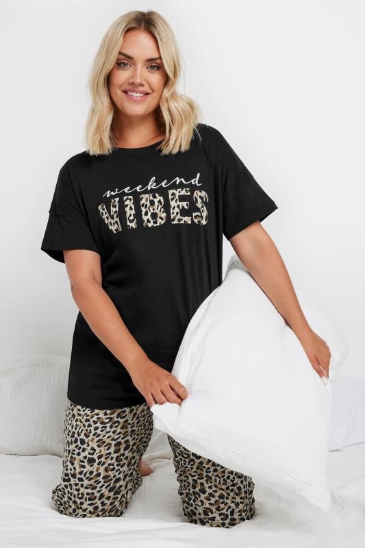 YOURS Plus Size Black 'Weekend Vibes' Wide Leg Pyjama Set | Yours Clothing 1