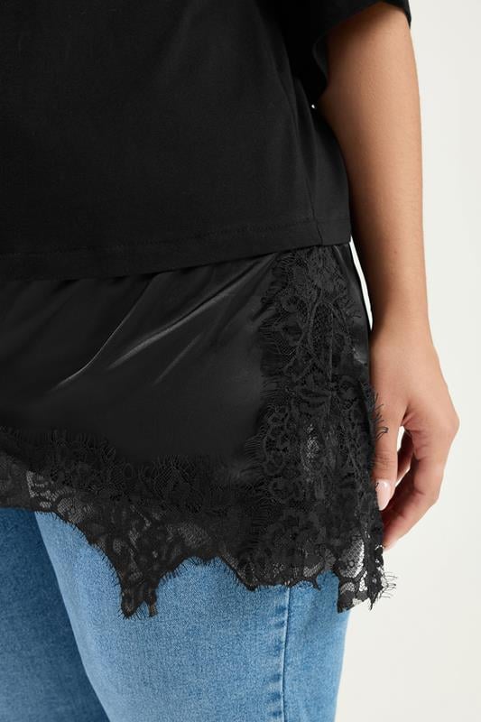 YOURS Plus Size Black Satin Lace Trim T-Shirt | Yours Clothing 4
