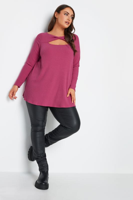 YOURS Plus Size Pink Twisted Front Ribbed Top | Yours Clothing 2