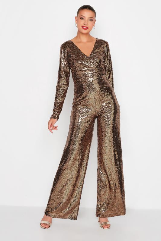 Tall  LTS Tall Gold Sequin Embellished Stretch Jumpsuit