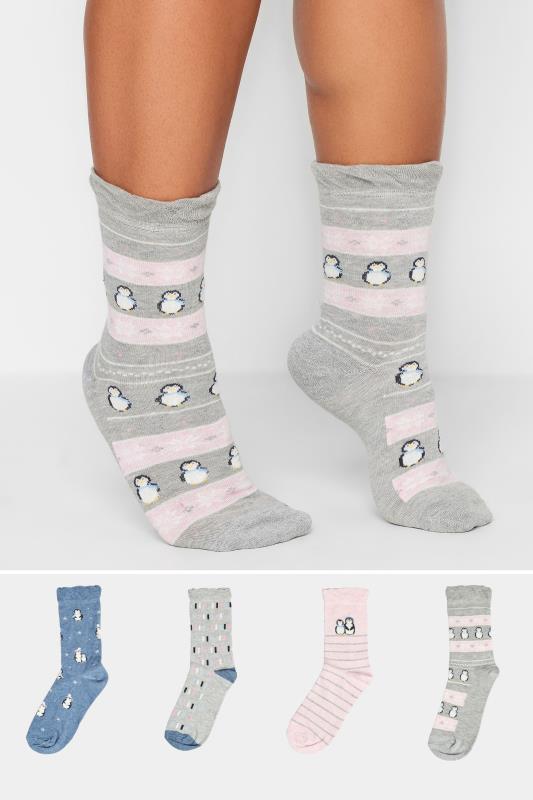 Plus Size  YOURS 4 PACK Blue Penguin Print Novelty Ankle Socks